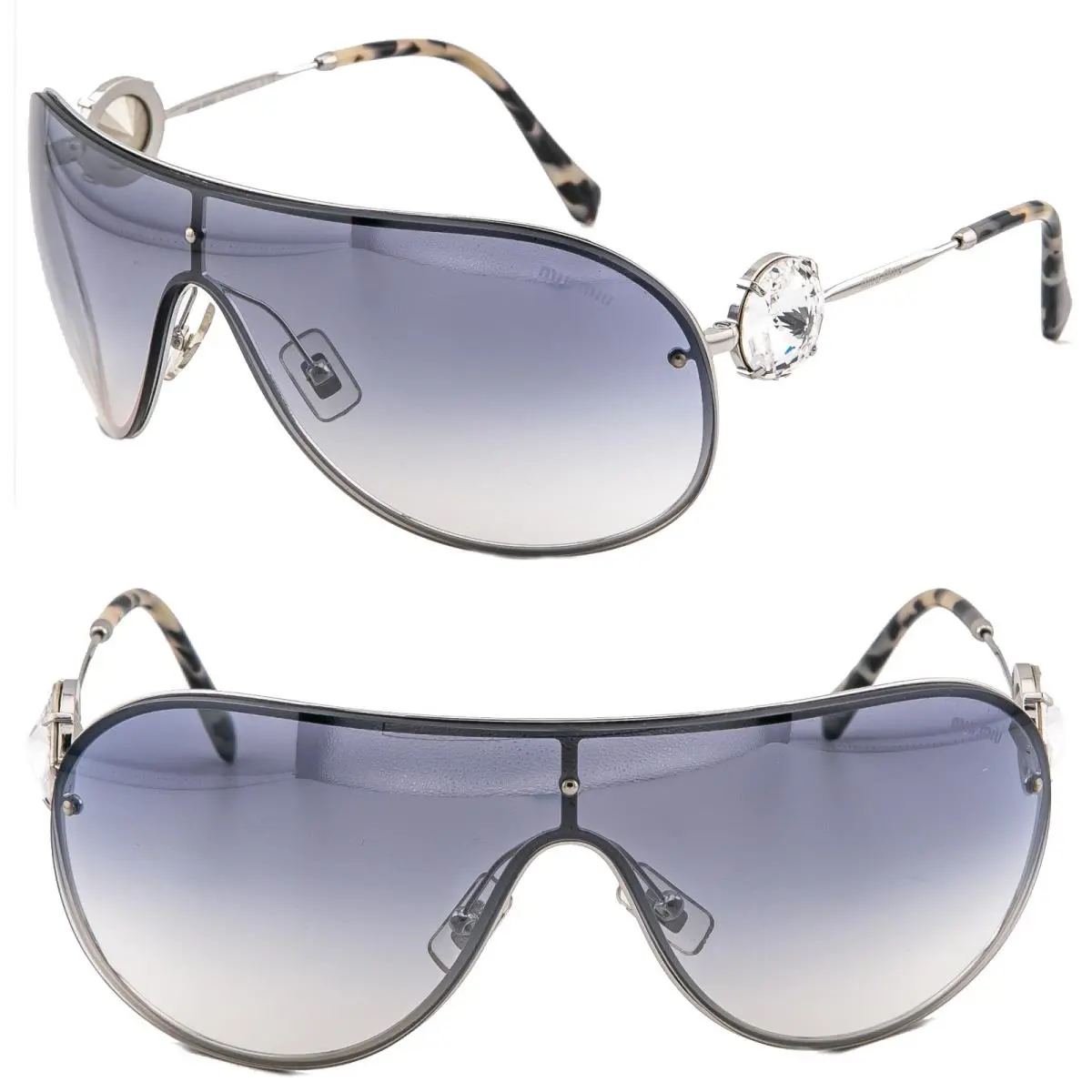 Miu Miu MU67US Wrap Mask 67U Silver Blue Mirror Jewel Crystal Sunglasses 67US