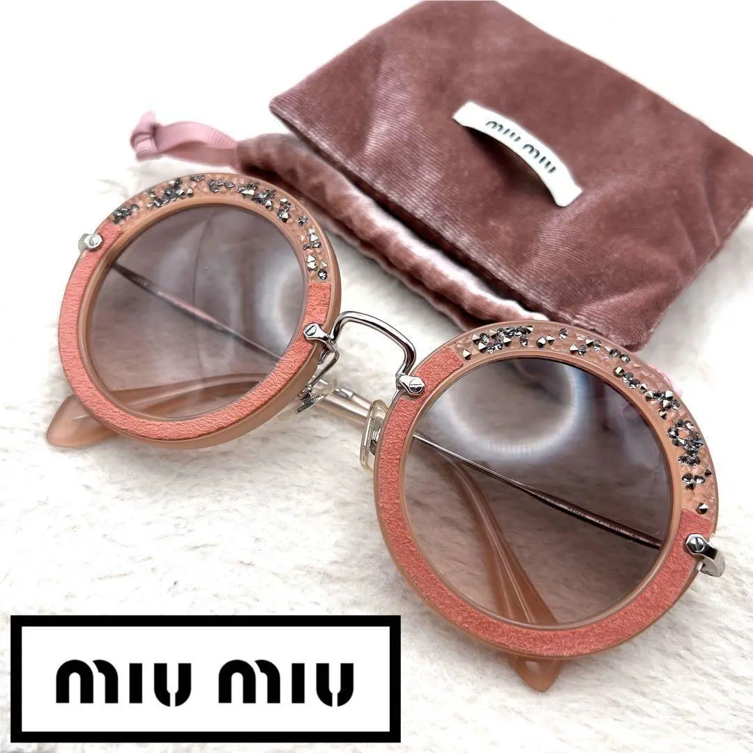 Miumiu SMU08R TV1-4K0 Round Sunglasses Glitter Decoration Pink Suede 49-28-140