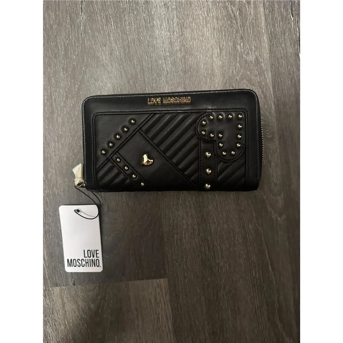 Love Moschino Women Wallet Black Leather Stud Zipper Heart