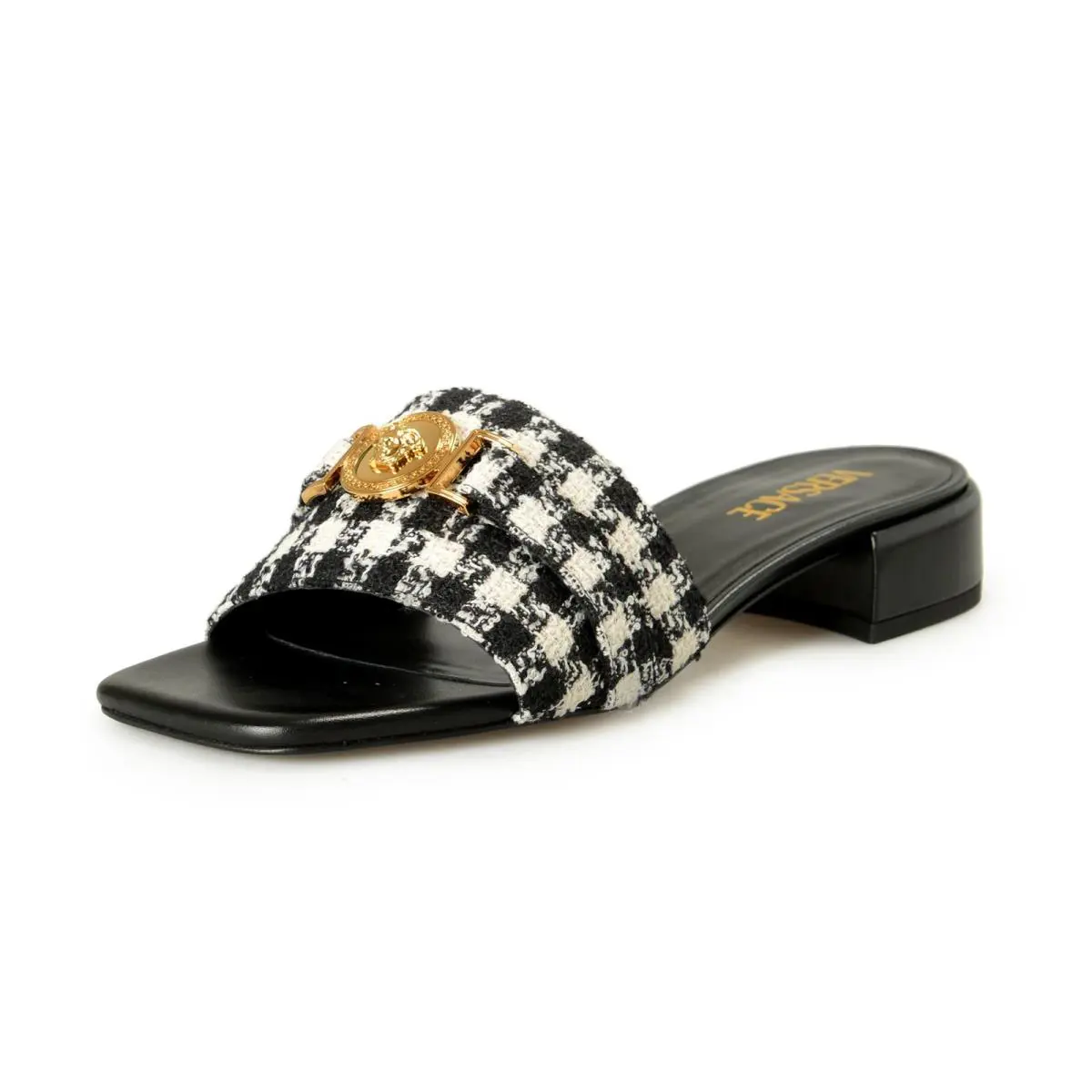 Versace Women`s Check Gold Medusa Heeled Sandals Mules Shoes US 9 IT 39 - Black/White