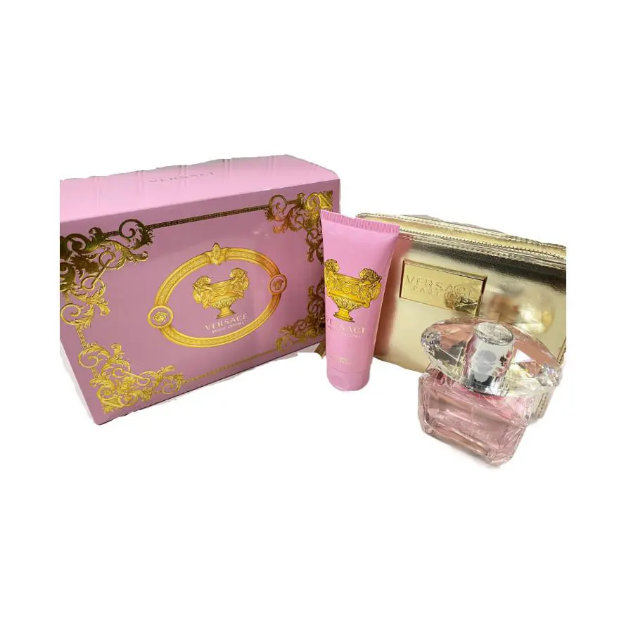Versace Bright Crystal Perfume 3 Pcs Set : 3.4oz Edp B.lotion Golden Pochette