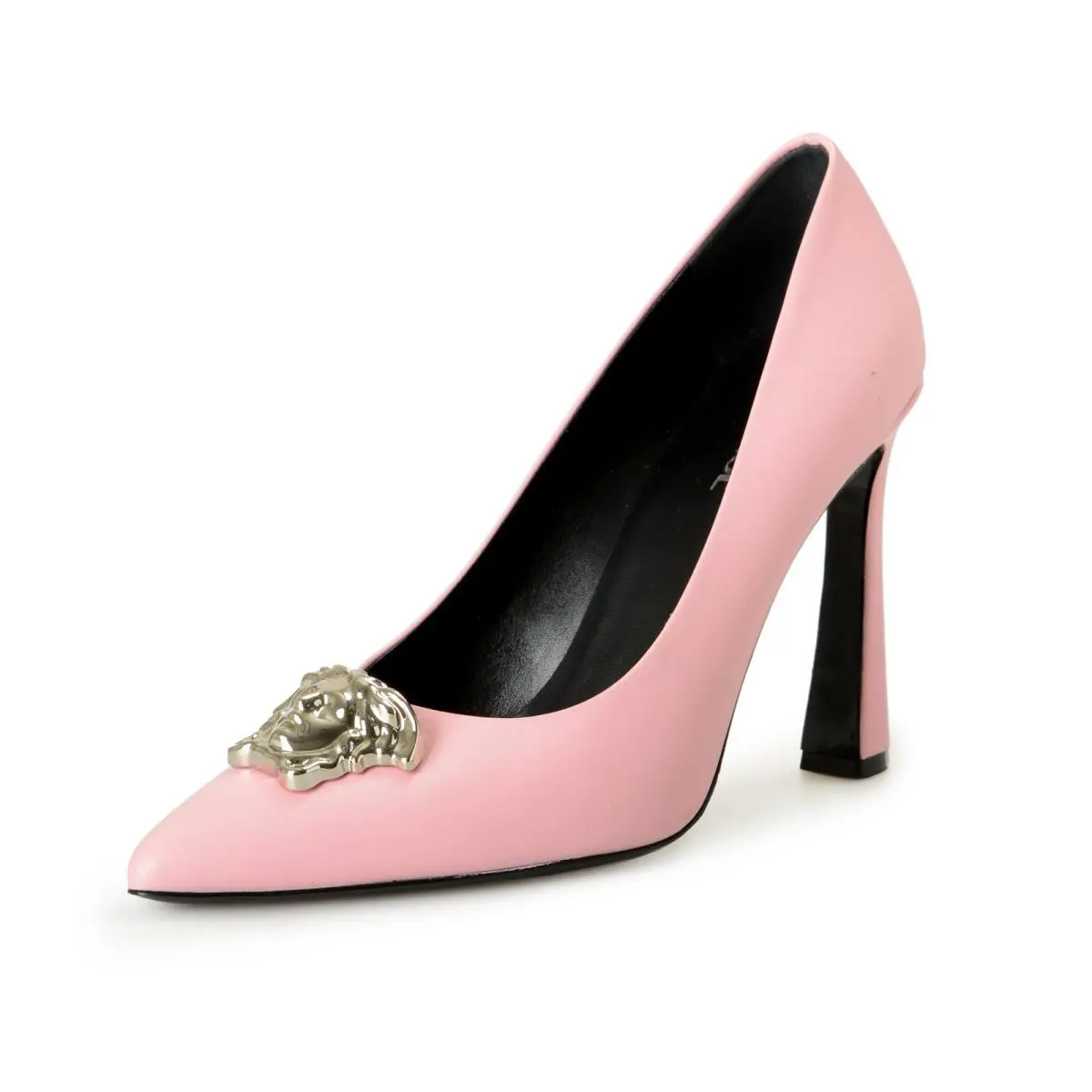 Versace Women`s Silver Medusa Pink Leather Heeled Pumps Shoes US 8 IT 38 - Pink