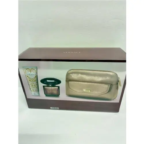Versace Crystal Noir 3 Pcs Gift Set: 3 OZ Spray Blotion Gold Versace Purse
