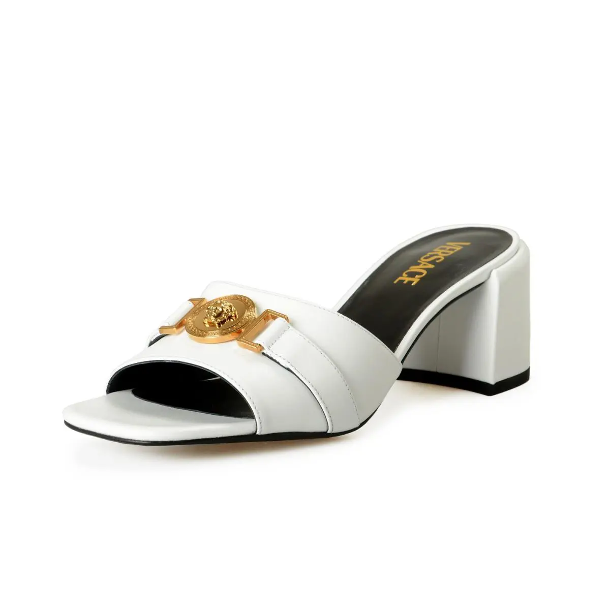 Versace Women`s White Gold Medusa Heeled Sandals Mules Shoes US 6 IT 36 - White