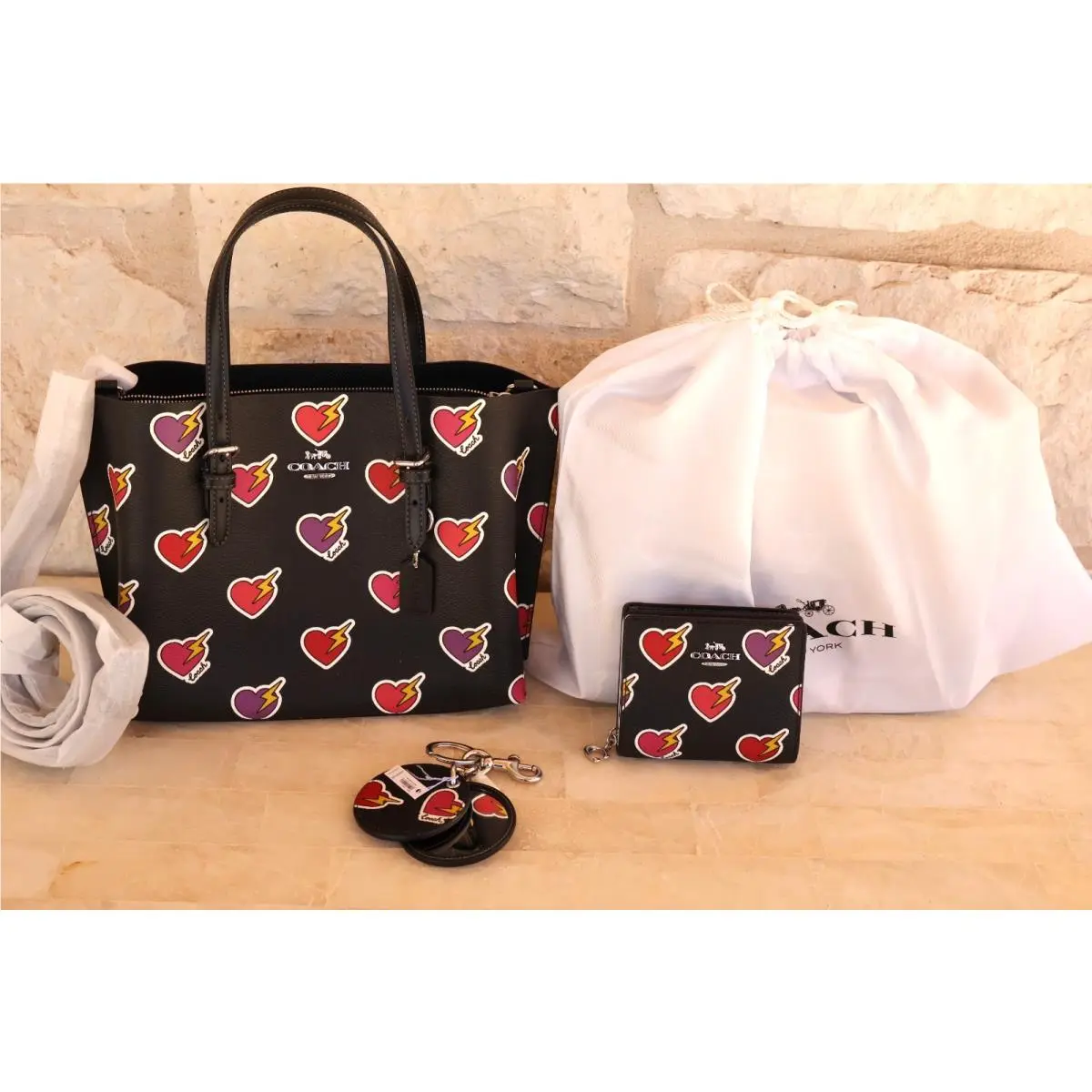 Mollie Tote 25 Mirror Bag Charm Wallet or Set Options Heart Bolt Print 3pc Mollie Tote, Wallet, Bag Charm/FOB Hearts NEW by Coach