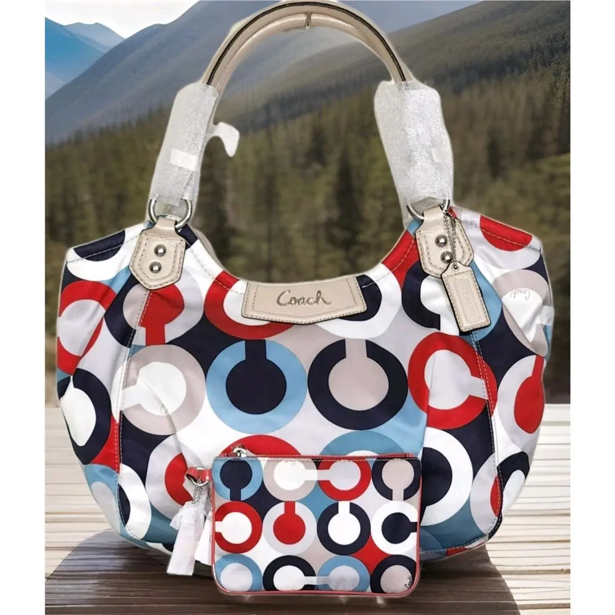 Coach Ashley OP Art Logo Beige Blue Red Large Tote Bag and Wristlet Set