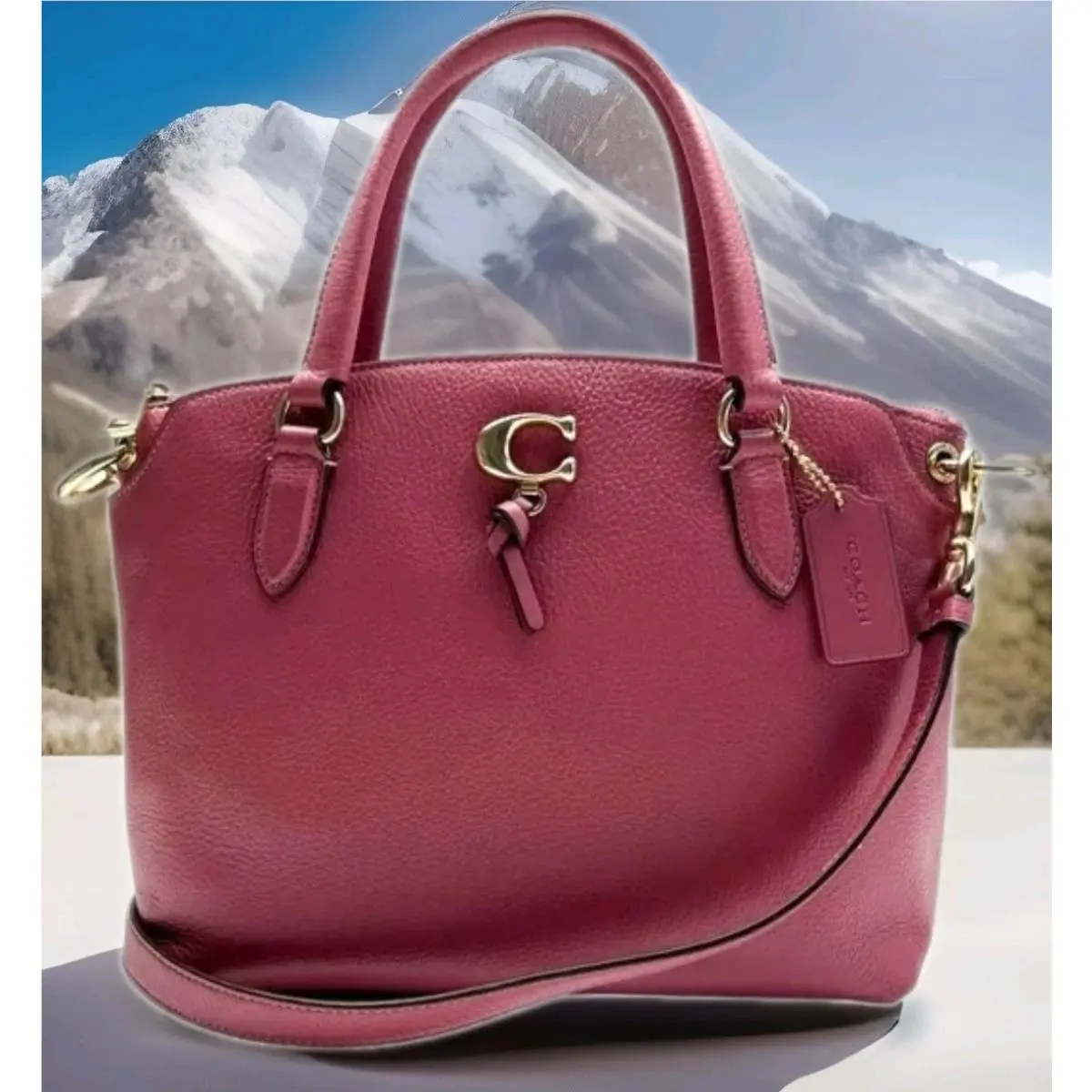 Coach 1317 Remi Rouge Pink Pebbled Leather Gold C Crossbody Satchel Bag