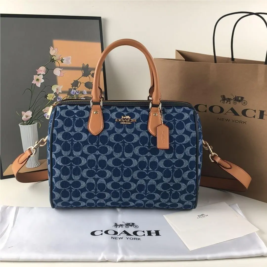 Coach CY699 Rowan Large Satchel Bag Signature Canvas Blue Brown Outlet