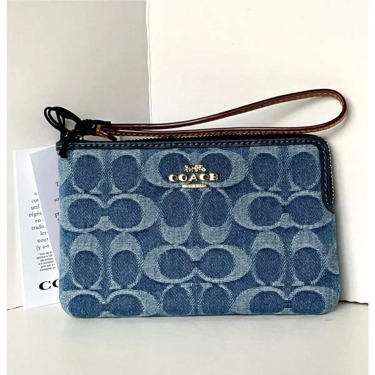 Coach Corner Zip Wristlet CDF26 Blue Signature Denim Leather Wallet Orig Pkg