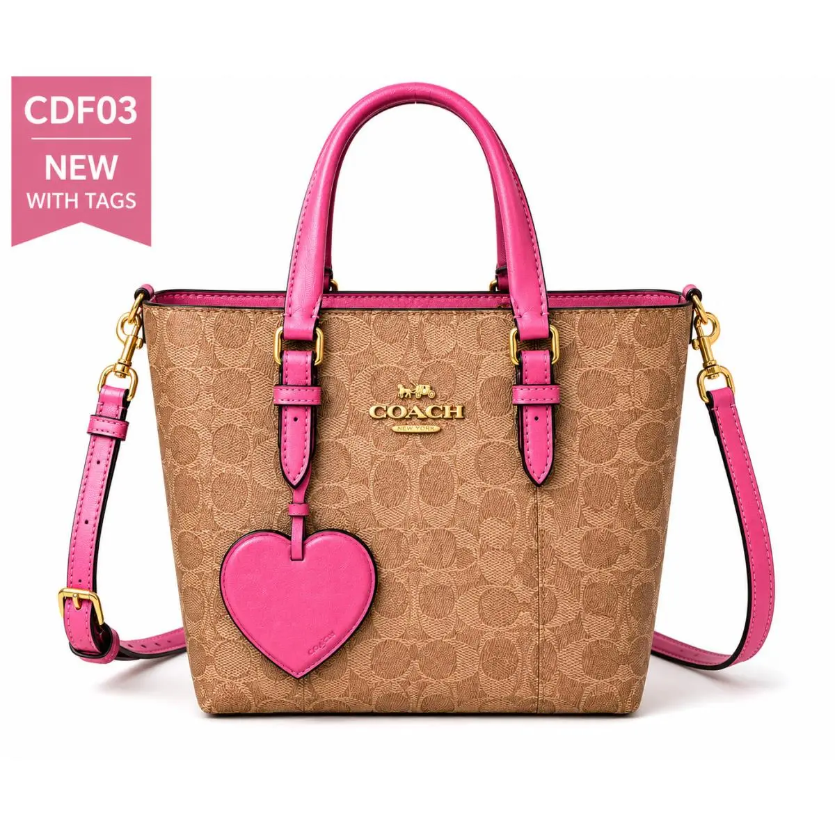 CDF03 Signature Tote Bag Khaki Pink Heart Charm Crossbody by Coach