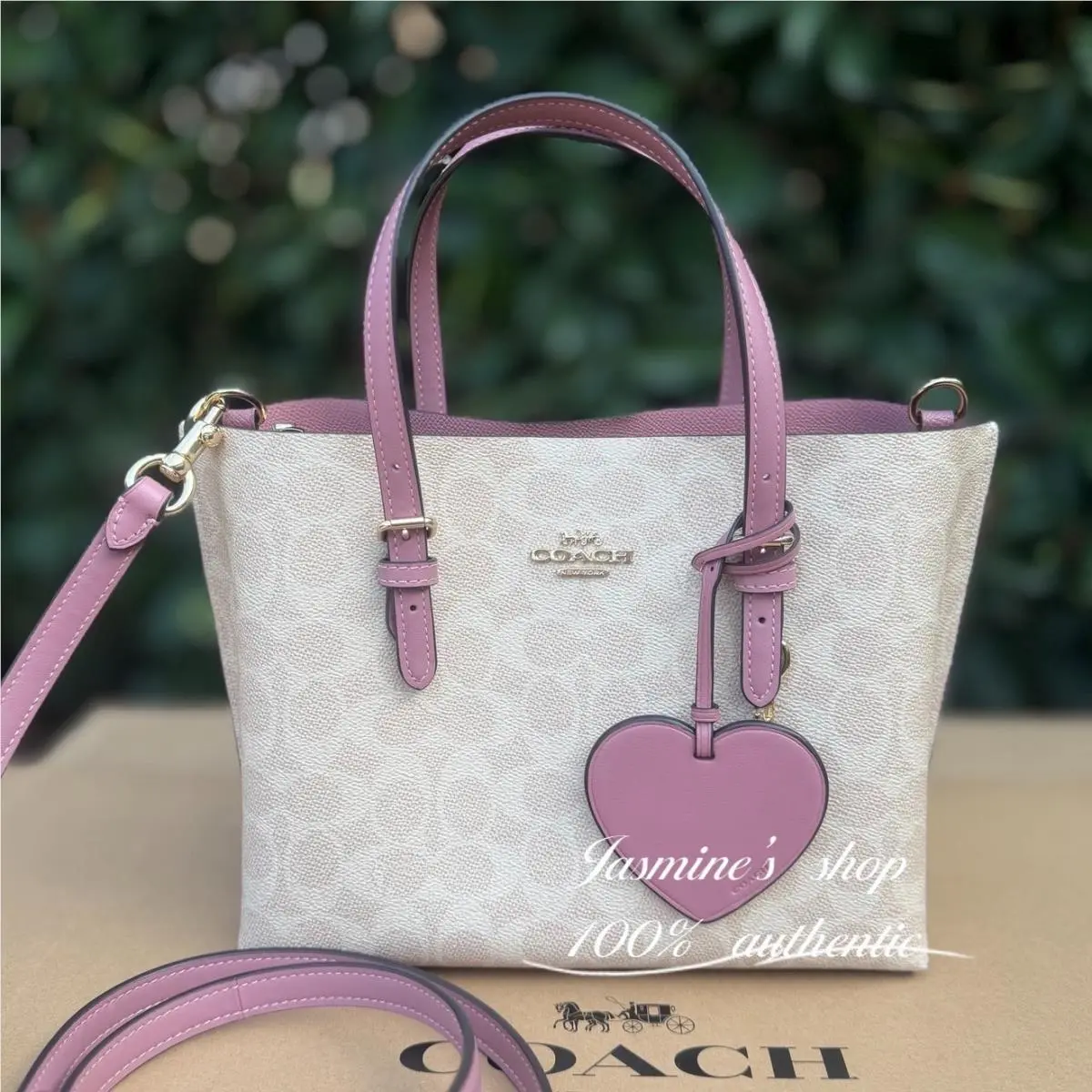 Mollie Tote Bag 25 Signature Canvas with Heart Charm Sand Peony CDF03 by Coach