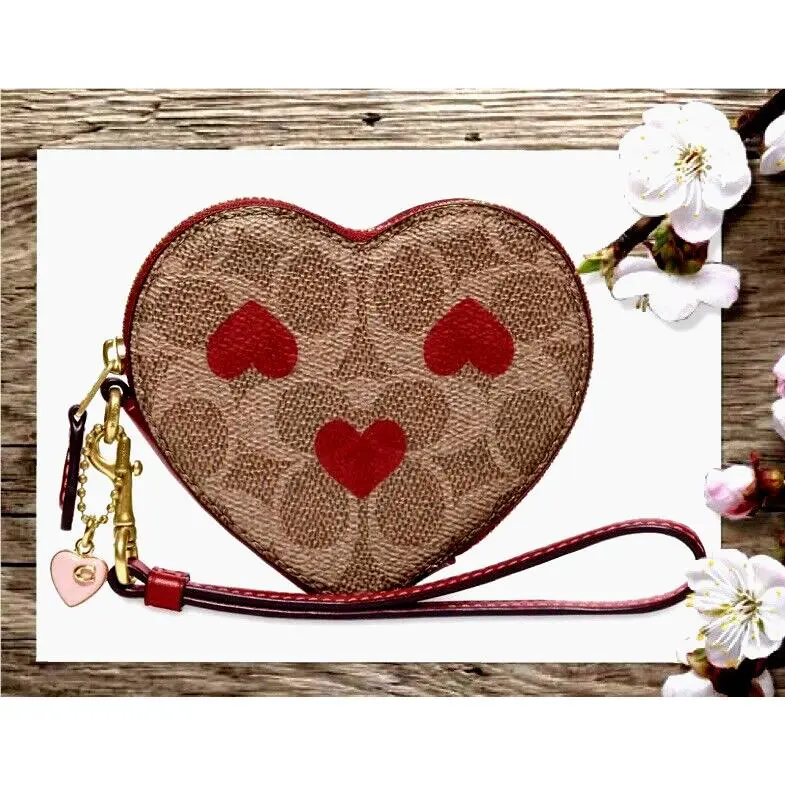 Coach Signature Coated Canvas W/heart Print Coin Purse Wristlet In Tan Red