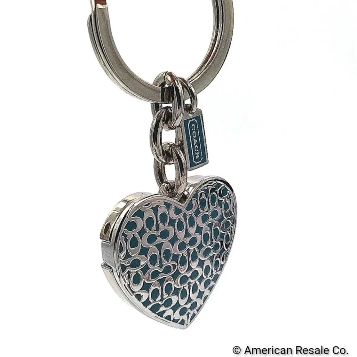 Coach Sky Blue Large Heart Picture Locket Keychain Fob Purse Handbag Charm