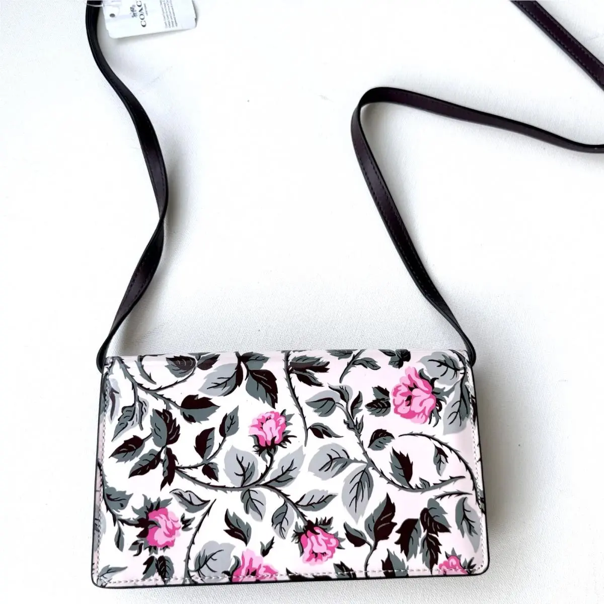 Coach Patent Leather Foldover Clutch Crossbody Rose Print F25788