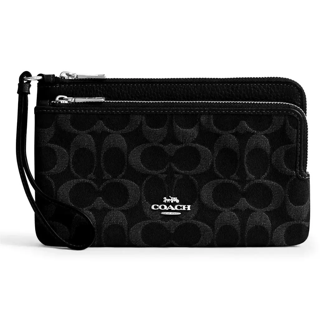 Coach Double Zip Wallet - CDN22 Black Signature Denim Pebble Leather