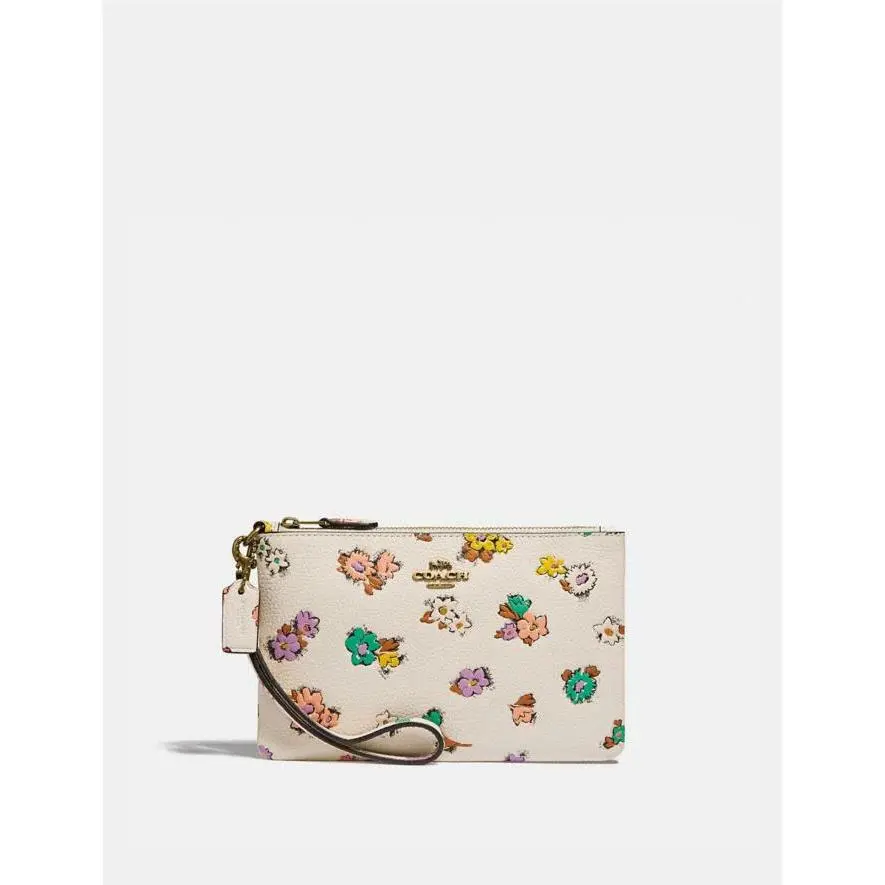 Coach C3814 Wristlet White Zip Floral Print Chalk Brass Leather Handbag Bag