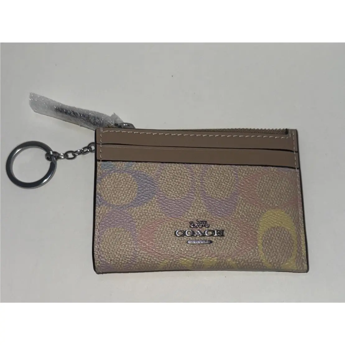 Coach Mini Skinny Id Case In Rainbow Signature Canvas Silver Sand CDF92