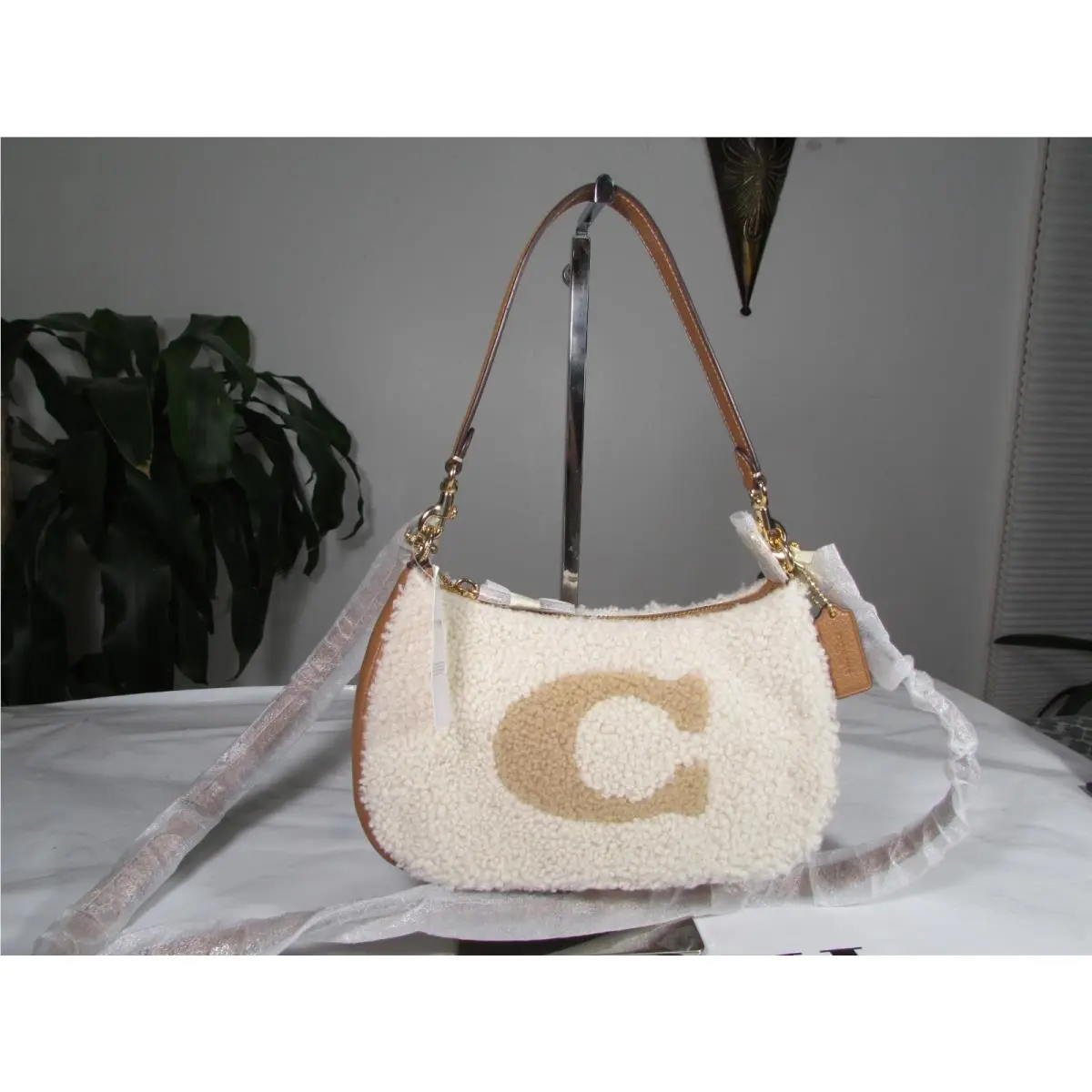 Coach Teri Shearling Shoulder Bag with Coach Motif CE557 Natural