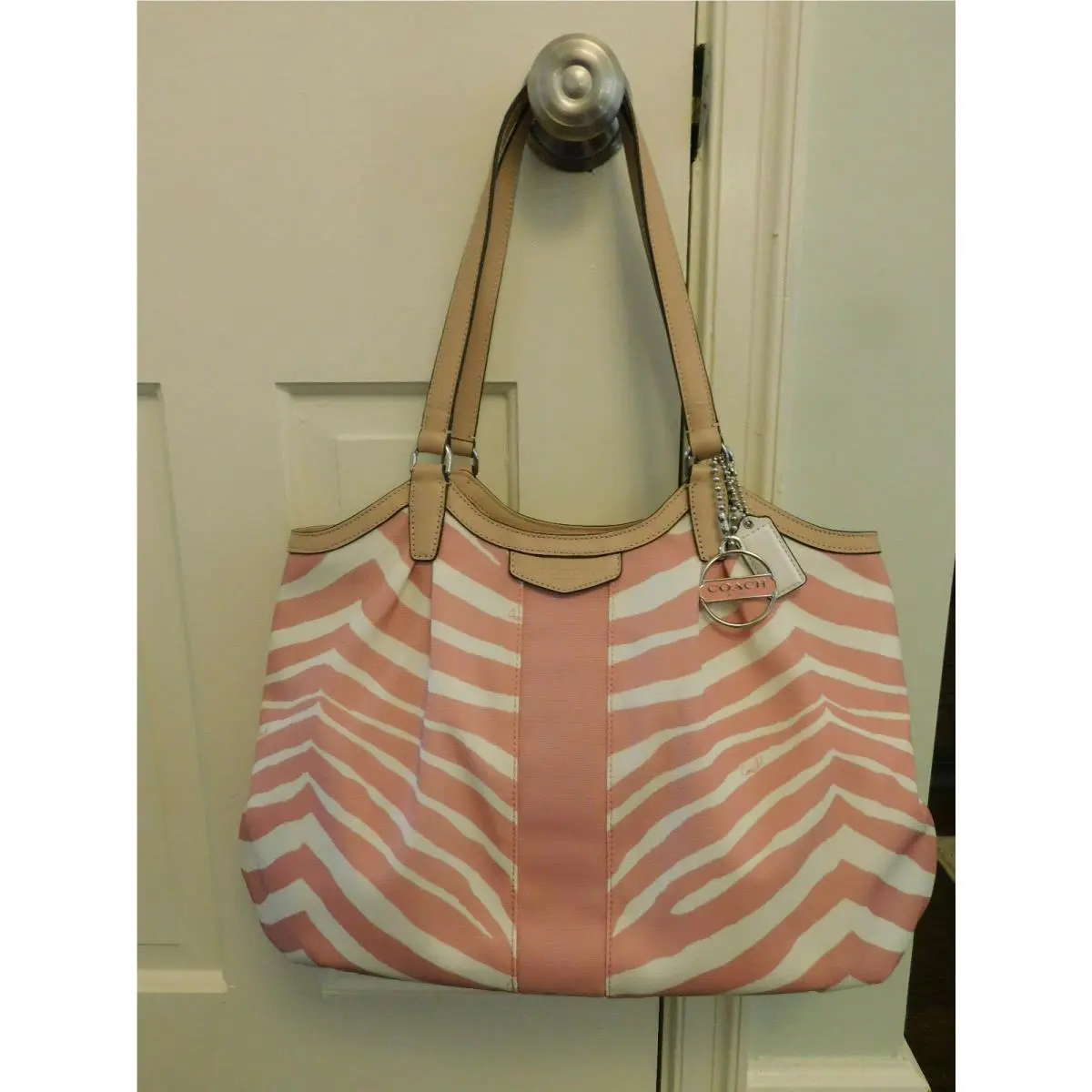 Coach Signature Stripe Zebra Print Devin Big Shoulder Bag F24022 Pink Ivory