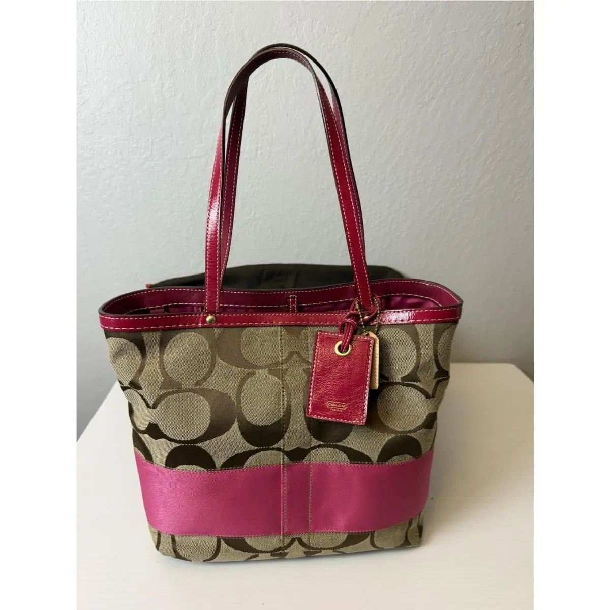 Vtg Coach Signature Stripe Rev Tote Khaki Pink Punch Y2K Shoulder Bag