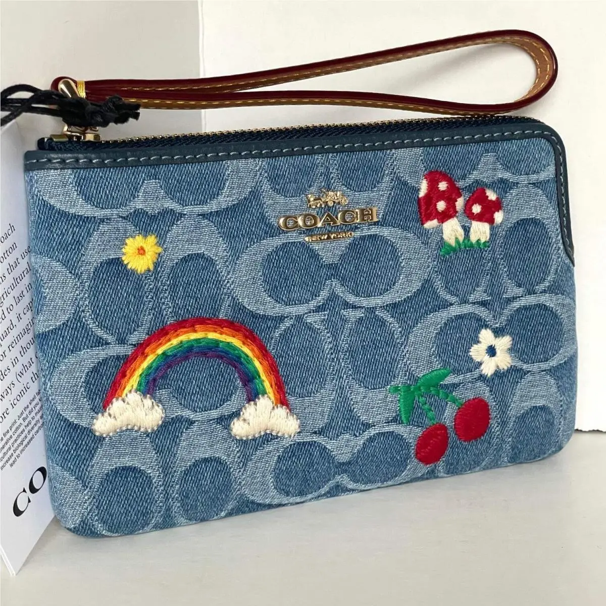 Coach Corner Zip Wristlet Signature Denim Rainbow Floral CDF35 Orig Pckg
