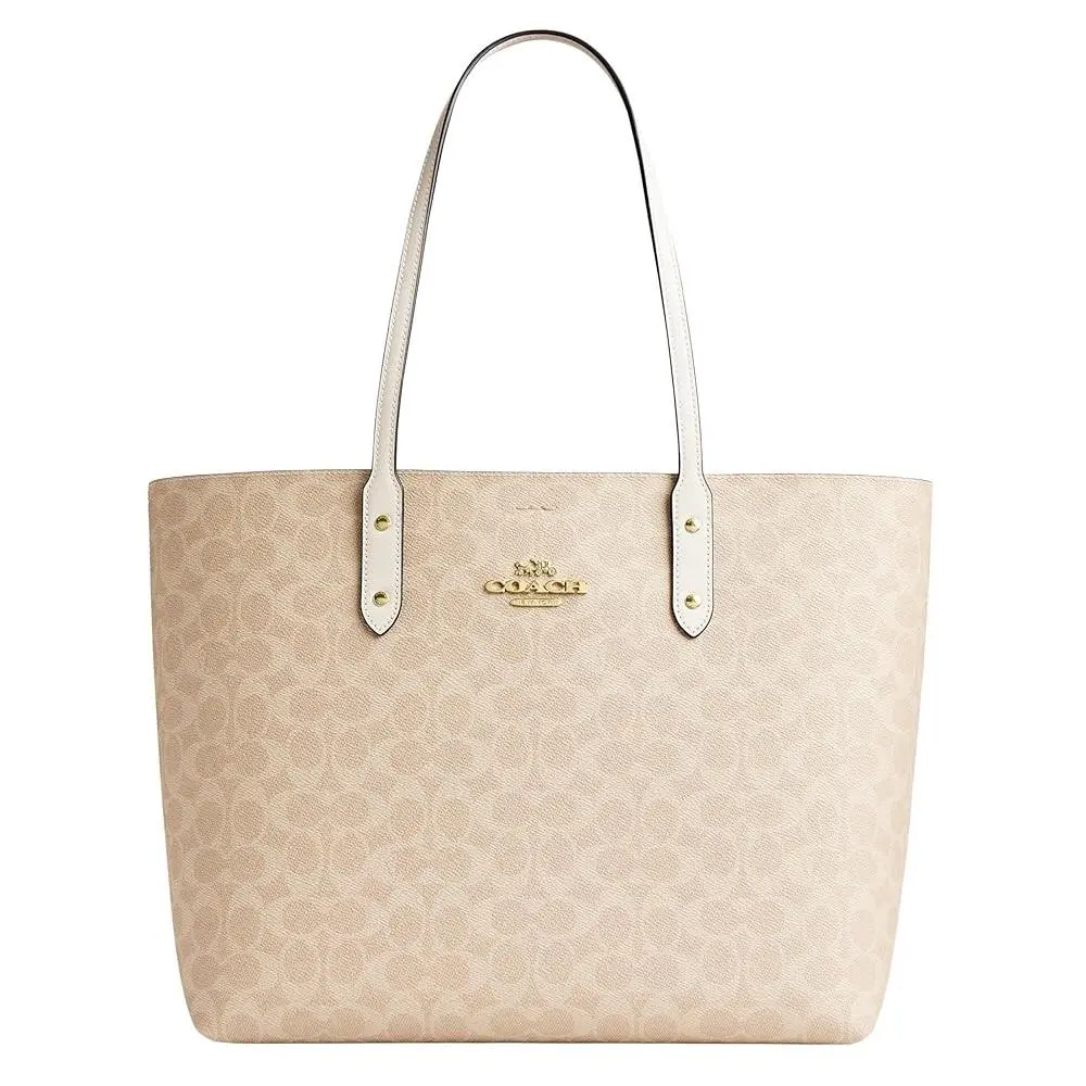Coach Town Tote Bag Signature Canvas Leather Sand Chalk CBQ46