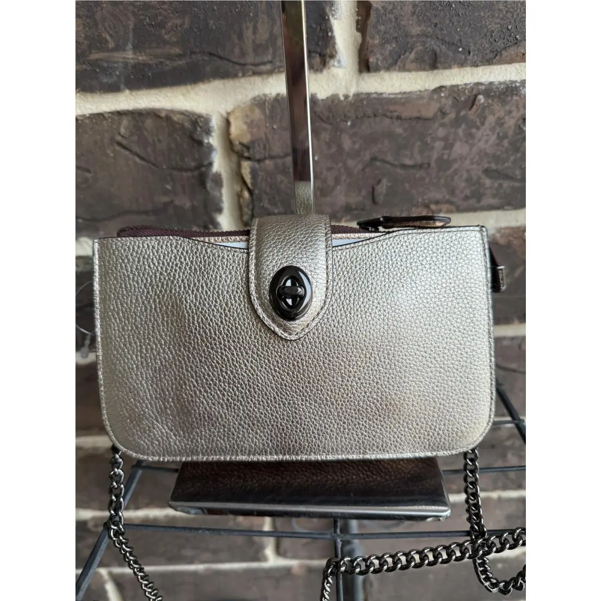 Coach Metallic Leather Turnlock Crossbody 38934 Platinum Multi Gold