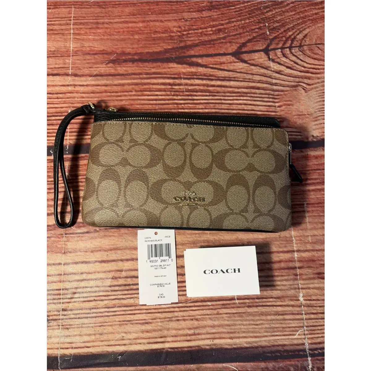 Coach C5576 Signature Pvc Double Zip Wallet Im/khaki/black