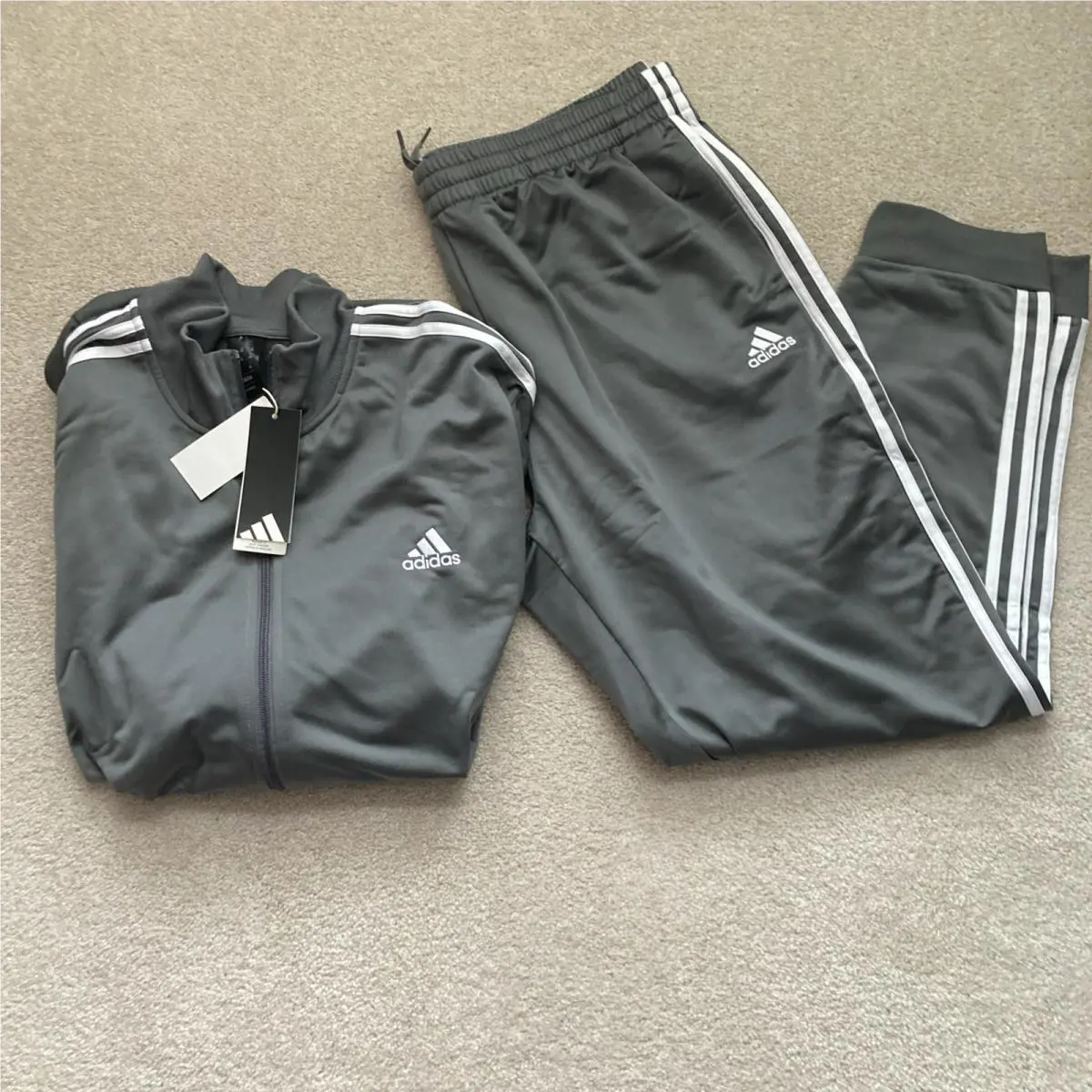 Adidas Men`s Grey Gray 3 Stripe Tracksuit Jacket Pant Large Full Suit
