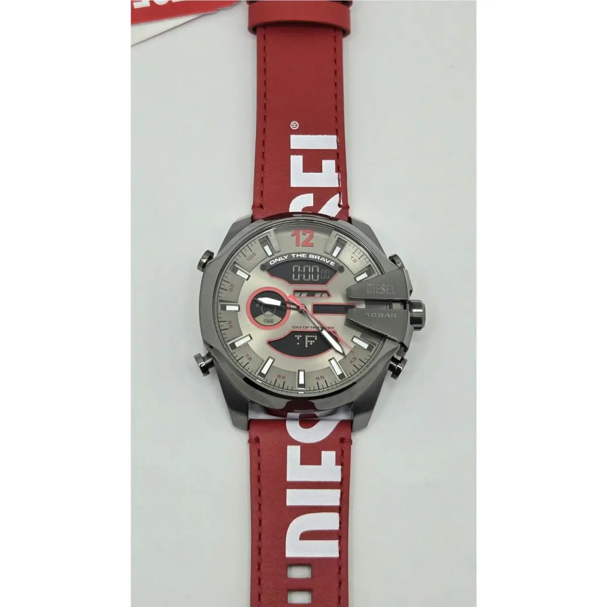 Diesel Mega Chief Mens Analog/digi Watch Gun Metal Red Leather Logo Strap DZ4647