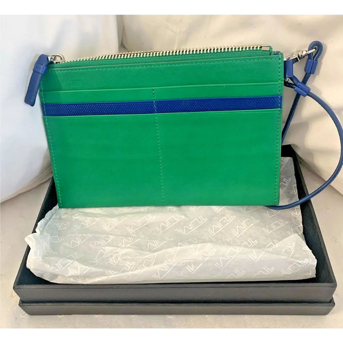 Tumi Green Blue Double Zip Leather Wallet 7.5” X 4.5”