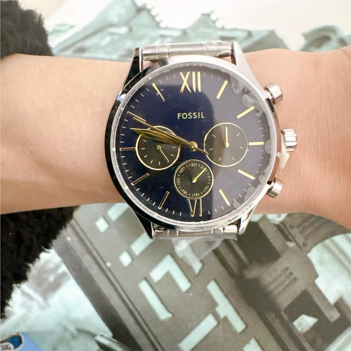 Fossil BQM7102 Fenmore Multifunction Men`s Watch Blue Gold Dial BQ7102
