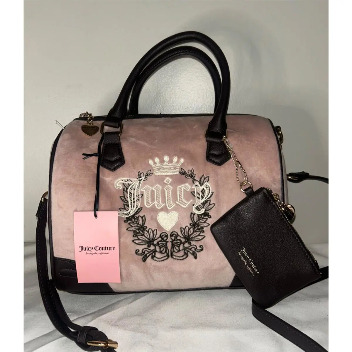 Juicy Couture Heritage Satchel Velour Handbag in Dusty Blush Pink