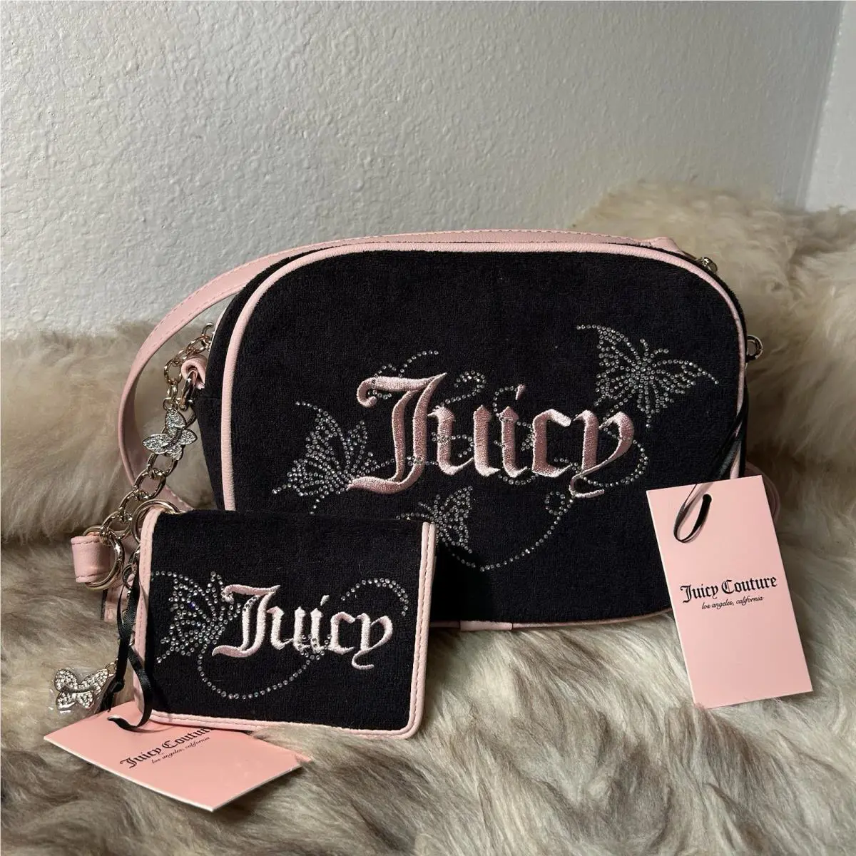 Juicy Couture Black W/ Pink Wingin It Butterfly Camera Bag Card Case Set