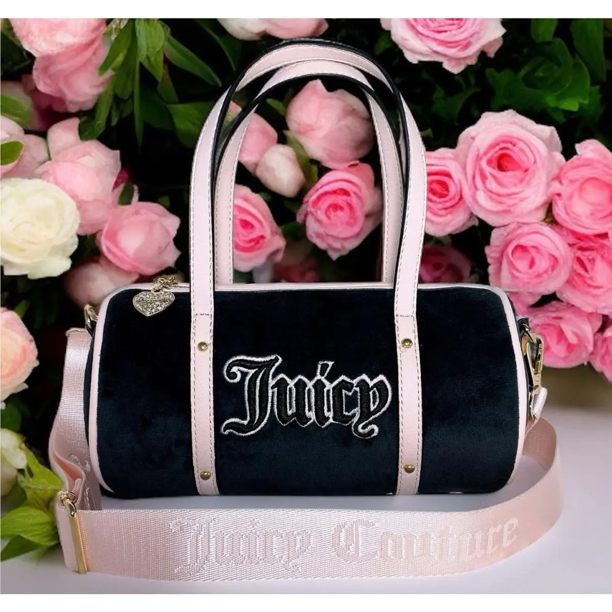 Juicy Couture Queen Of Everything Black Velvet Pink Trim Crossbody Bag