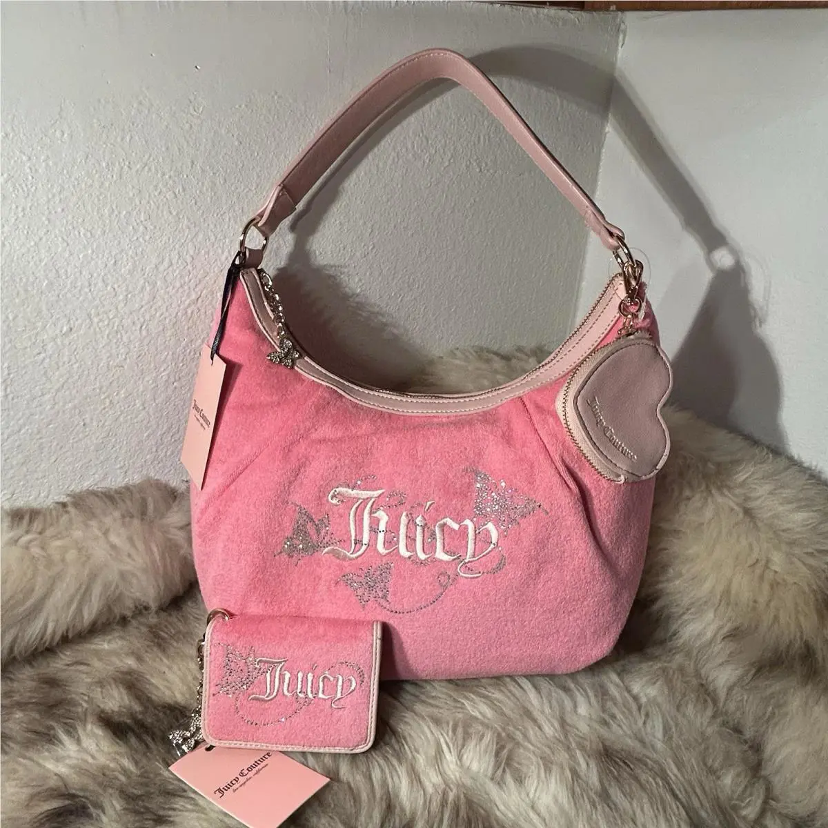Juicy Couture Wingin It Hobo Shoulder Bag Card Case Set - Pink - Butterfly