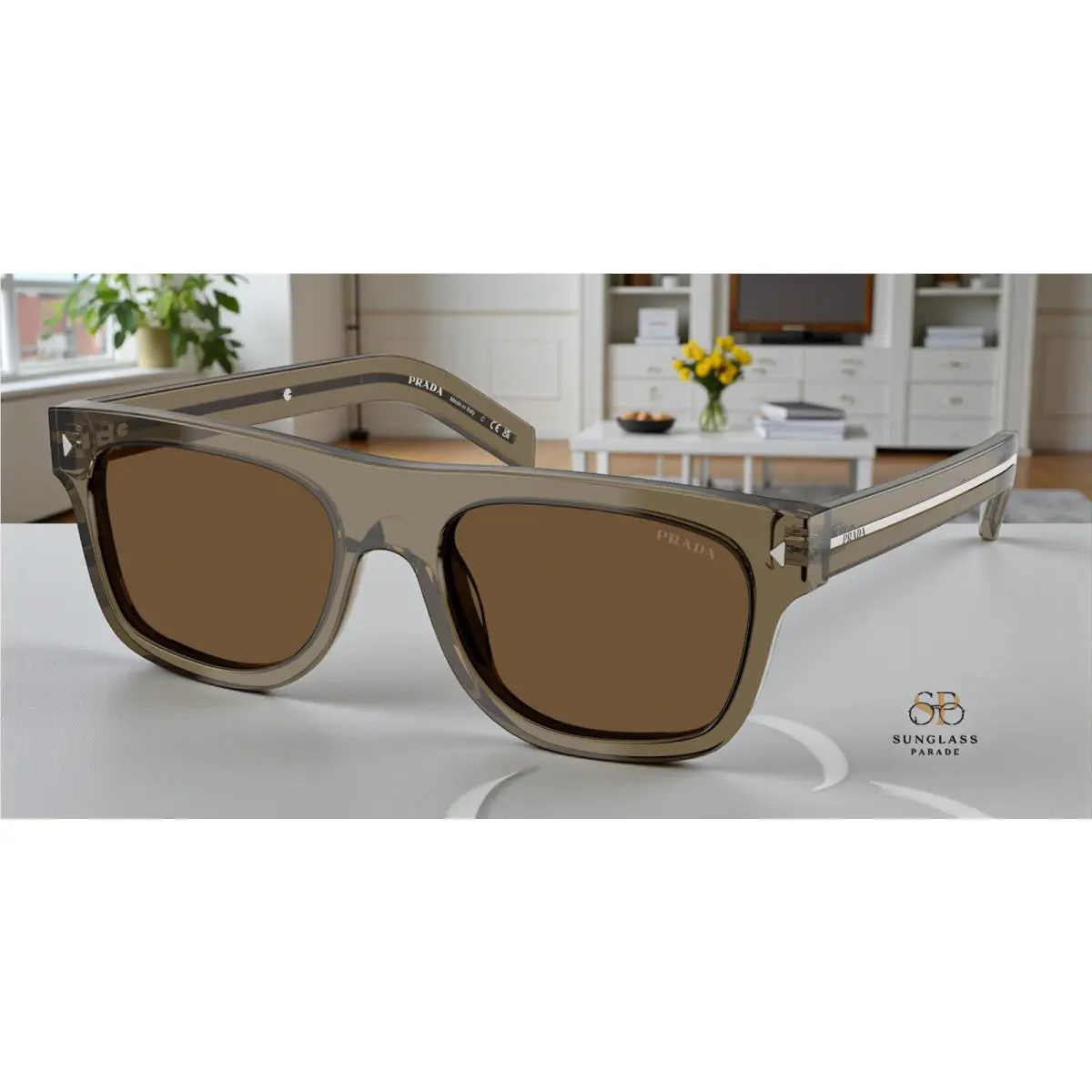 Prada PR B12SF 18T70F Transparent Terra Dark Brown 55 mm Men`s Sunglasses