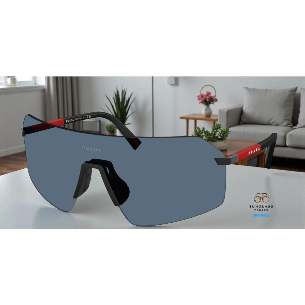 Prada Linea Rossa PS B50S 1BO06A Black Dark Blue 36 mm Men`s Sunglasses