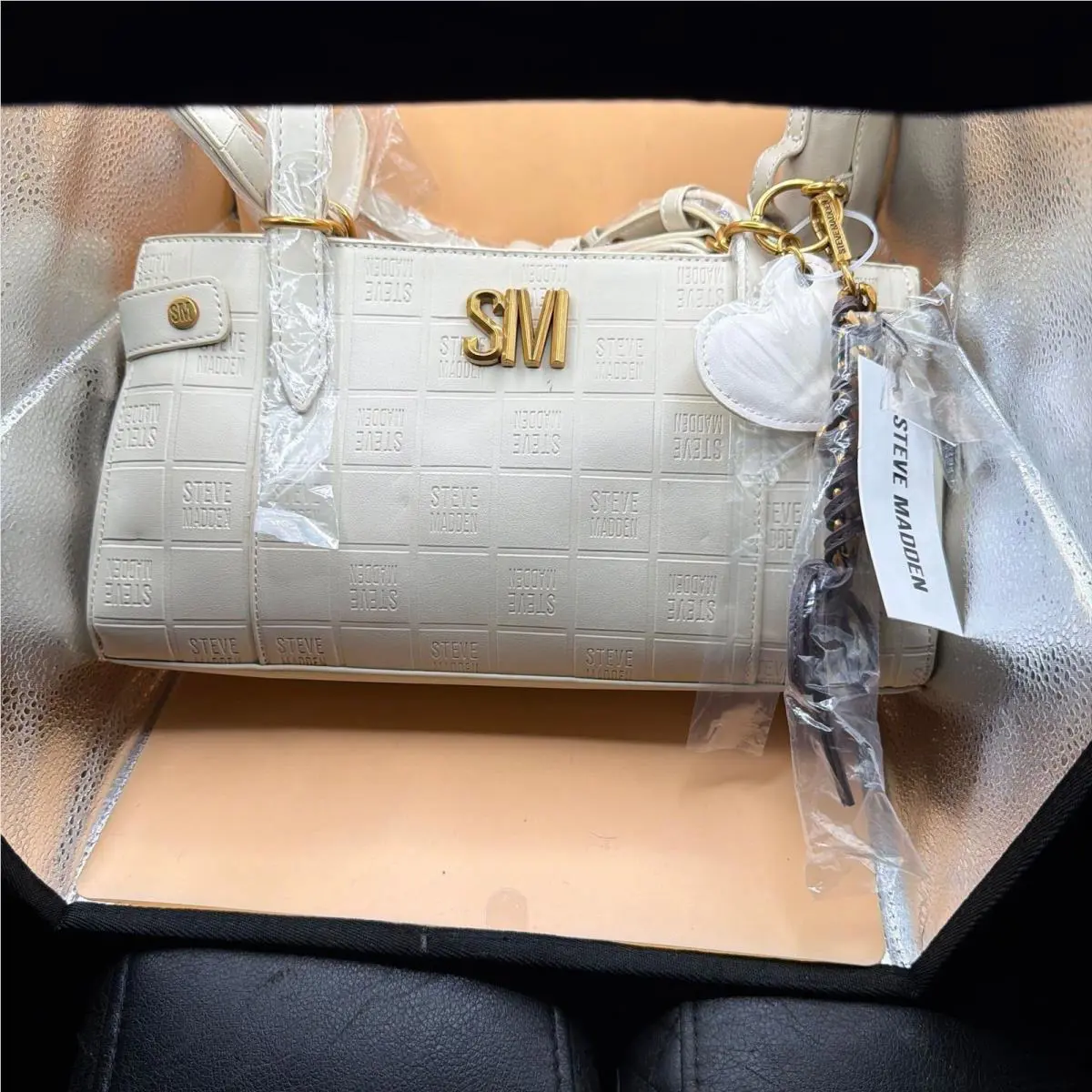 Steve Madden Blivonia Embossed Logo Small Satchel Handbag - Cream