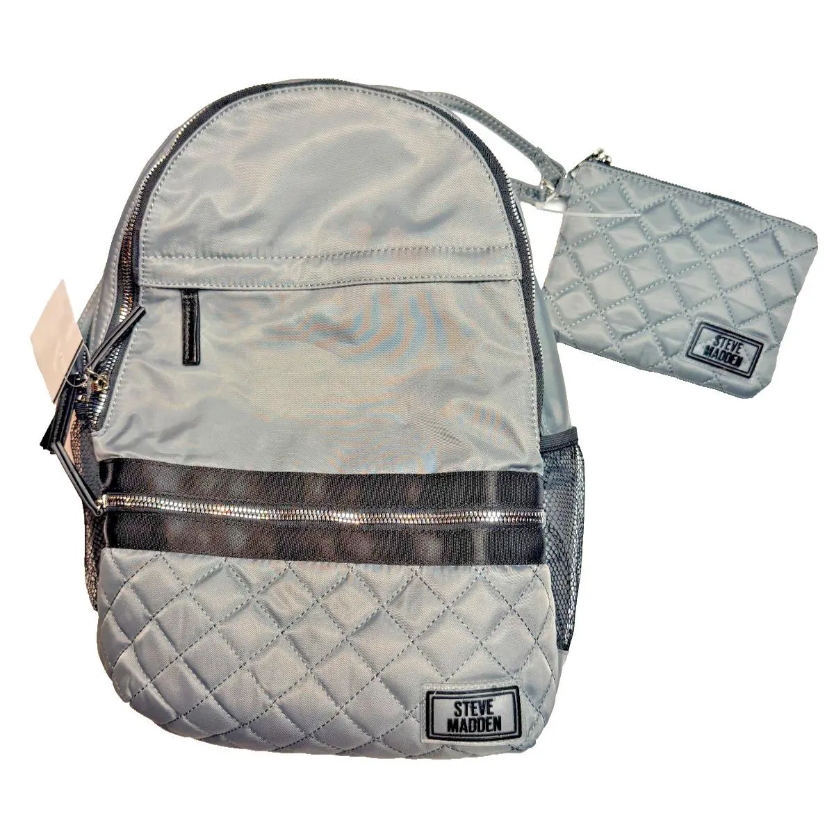 Steve Madden Logo Grey Smoke Silver Zipper Ladies Purse Backpack Day Bag
