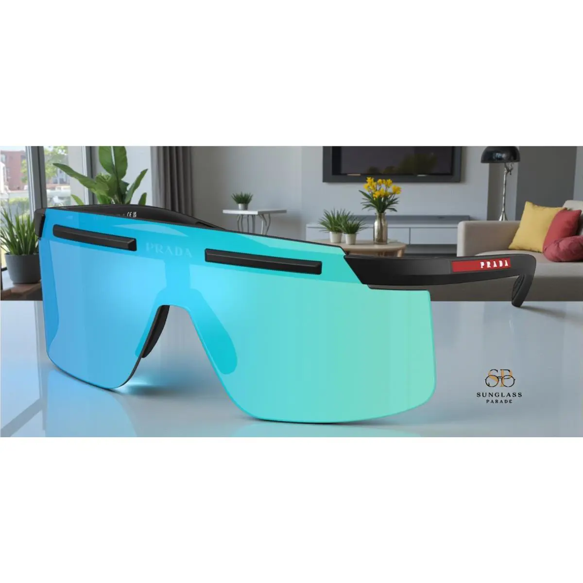 Prada PS B06S 1BO08R Matte Black Light Green Mirror Blue 40mm Men Sunglasses