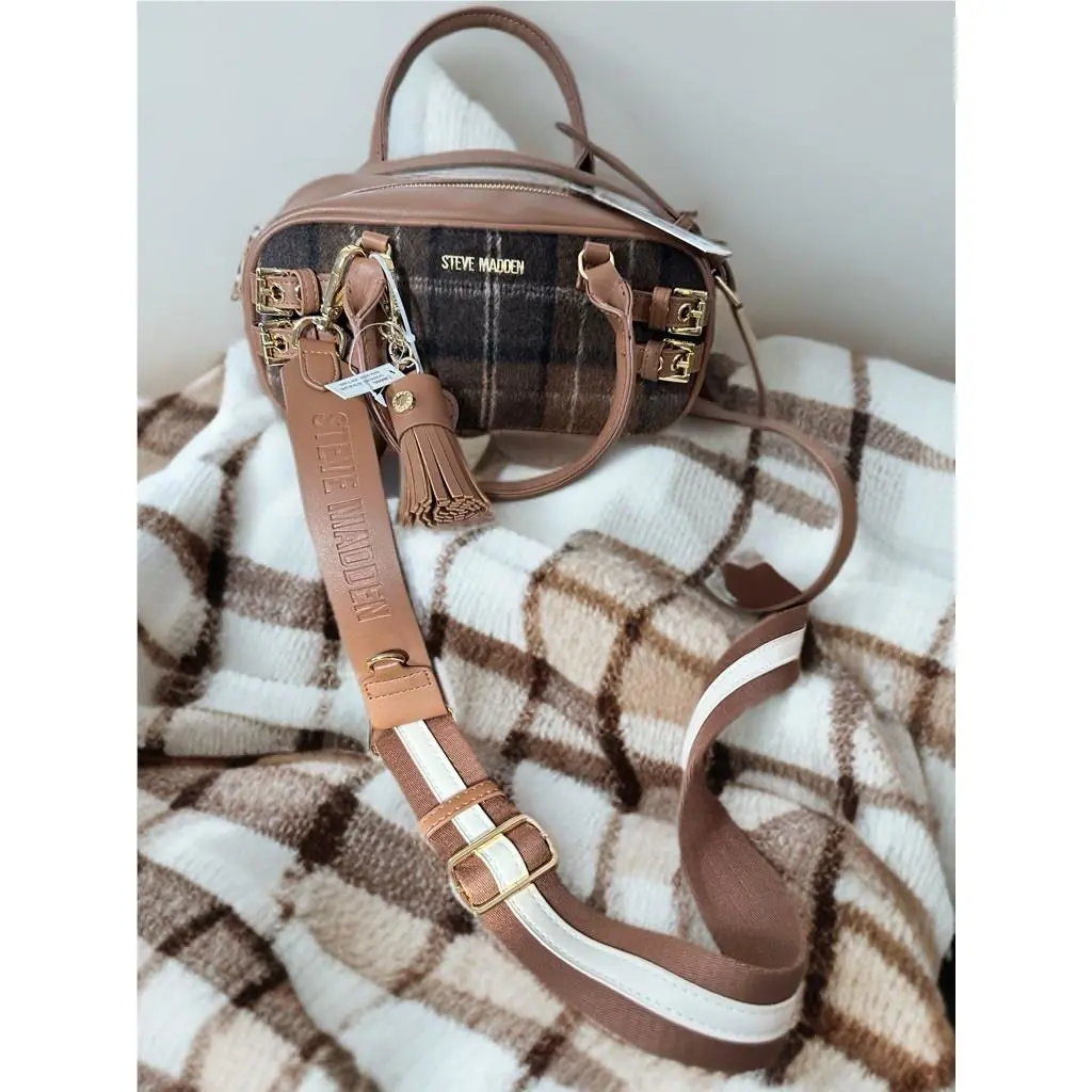 Steve Madden Brown Plaid Blennix Nutshell Crossbody Bag Tassel Dog Charm Fall