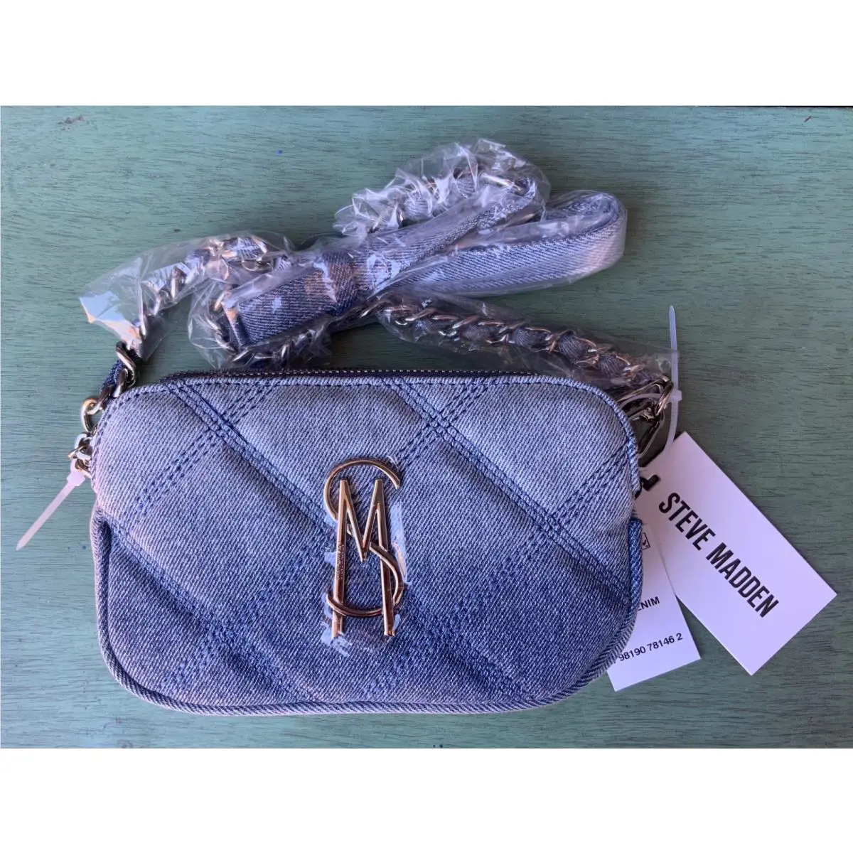 Steve Madden Light Denim Quilted Summer Designer Crossbody with Chain Strap Cute