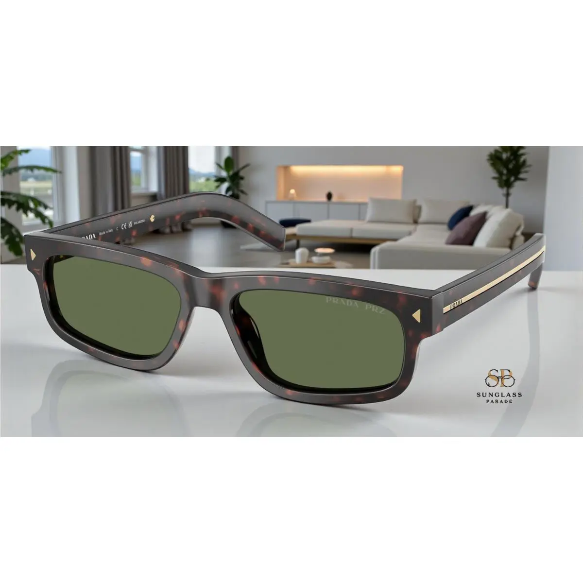 Prada PR B11SF 17N20G Root Tortoise Polar Green Polarized 57 mm Men`s Sunglasses