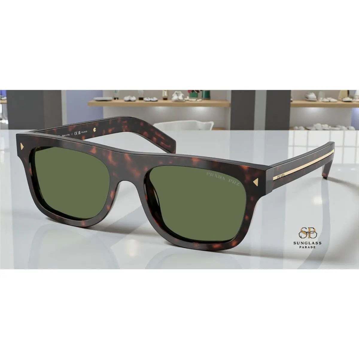 Prada PR B12SF 17N20G Root Tortoise Polar Green Polarized 55 mm Men`s Sunglasses