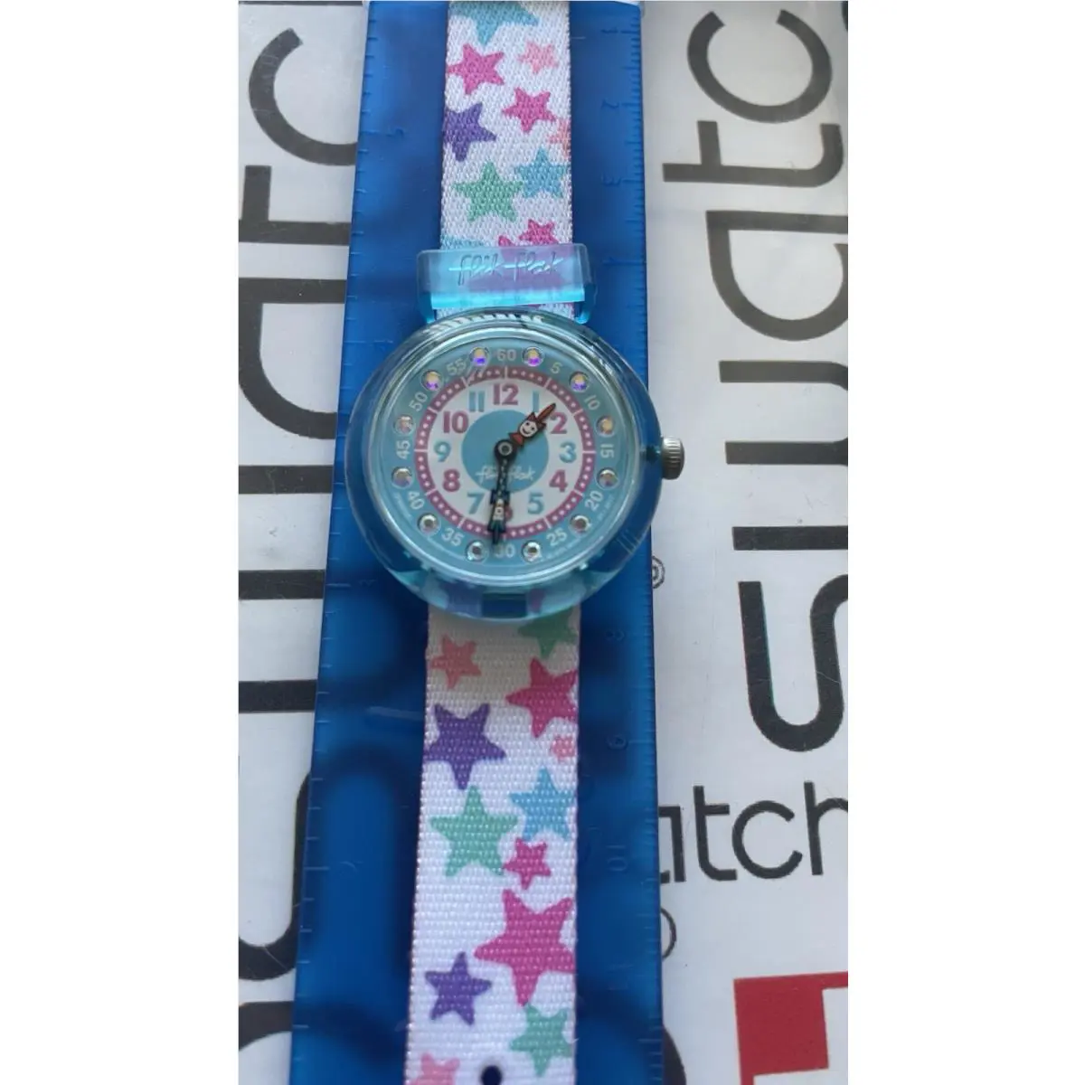 Flick Flack By Swatch Kids Learning Watch 28mm Blue Stars Box Nos