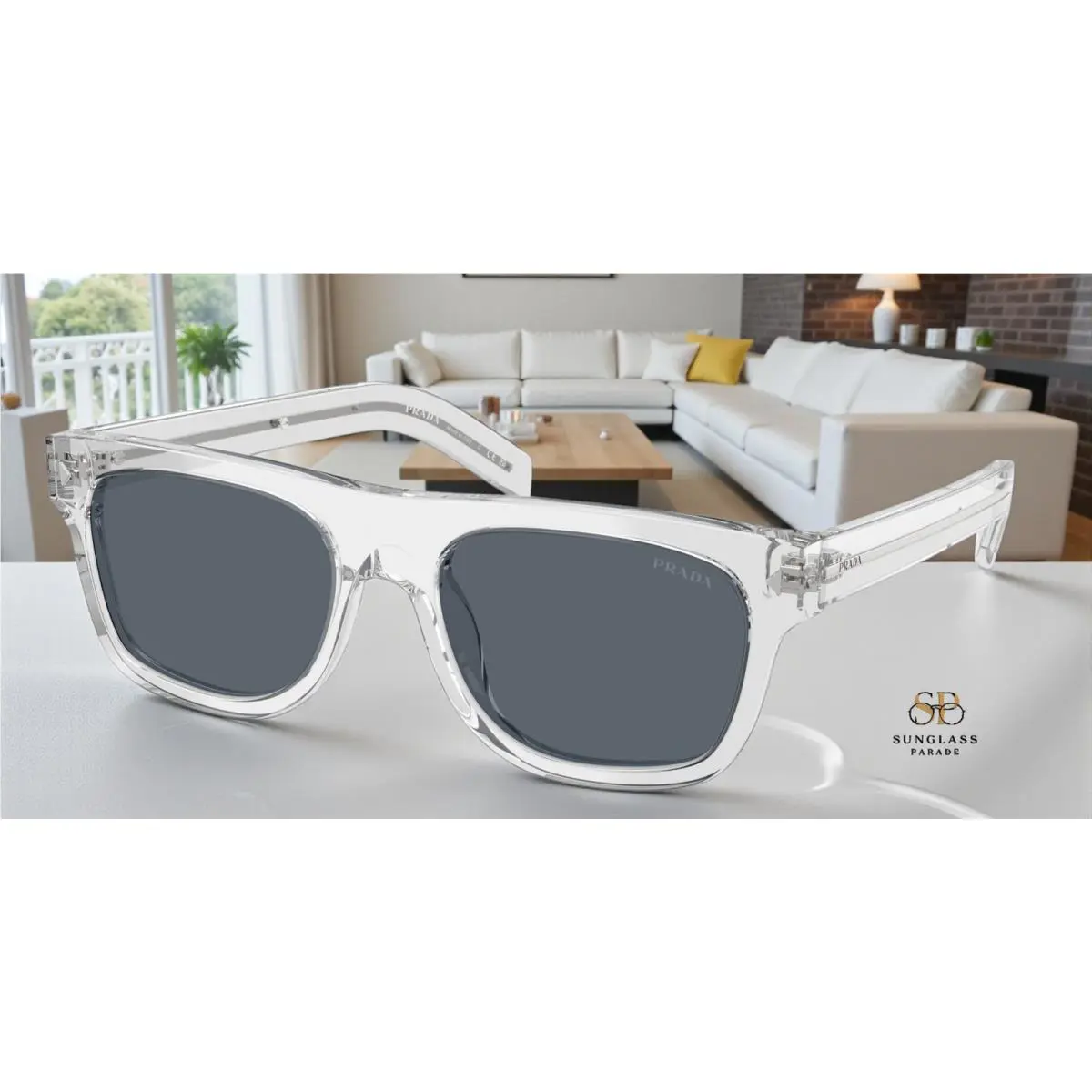 Prada PR B12SF 12R07T Transparent Grey Dark Blue 55 mm Men`s Sunglasses