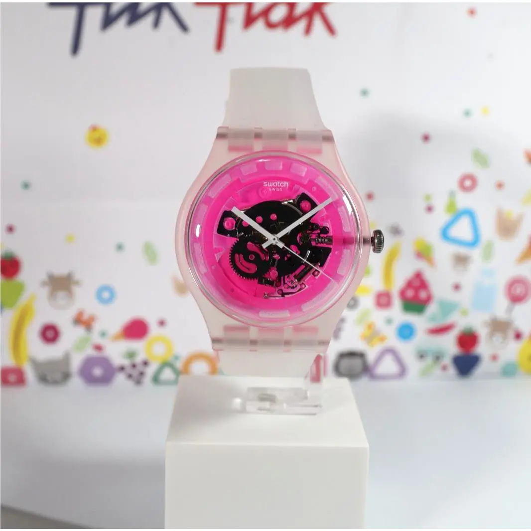 Swatch New Gent Swiss Pinkmazing Gents Pink Skeleton Dial Silicone Strap 41MM