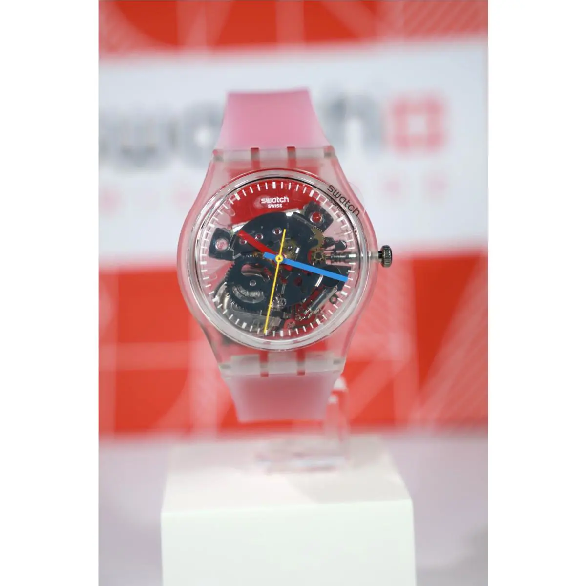 Limited Swiss Made Valentines Swatch GE292 Clearly Red Striped 34MM