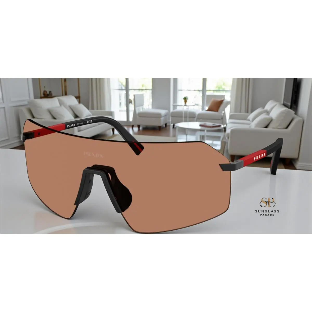 Prada Linea Rossa PS B50S 1BO20D Black Solid Brown 36 mm Men`s Sunglasses